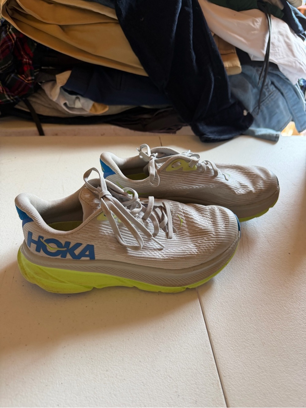 Hoka Kids Neutral Sneakers in Light Gray with Neon Lime and Blue Accents